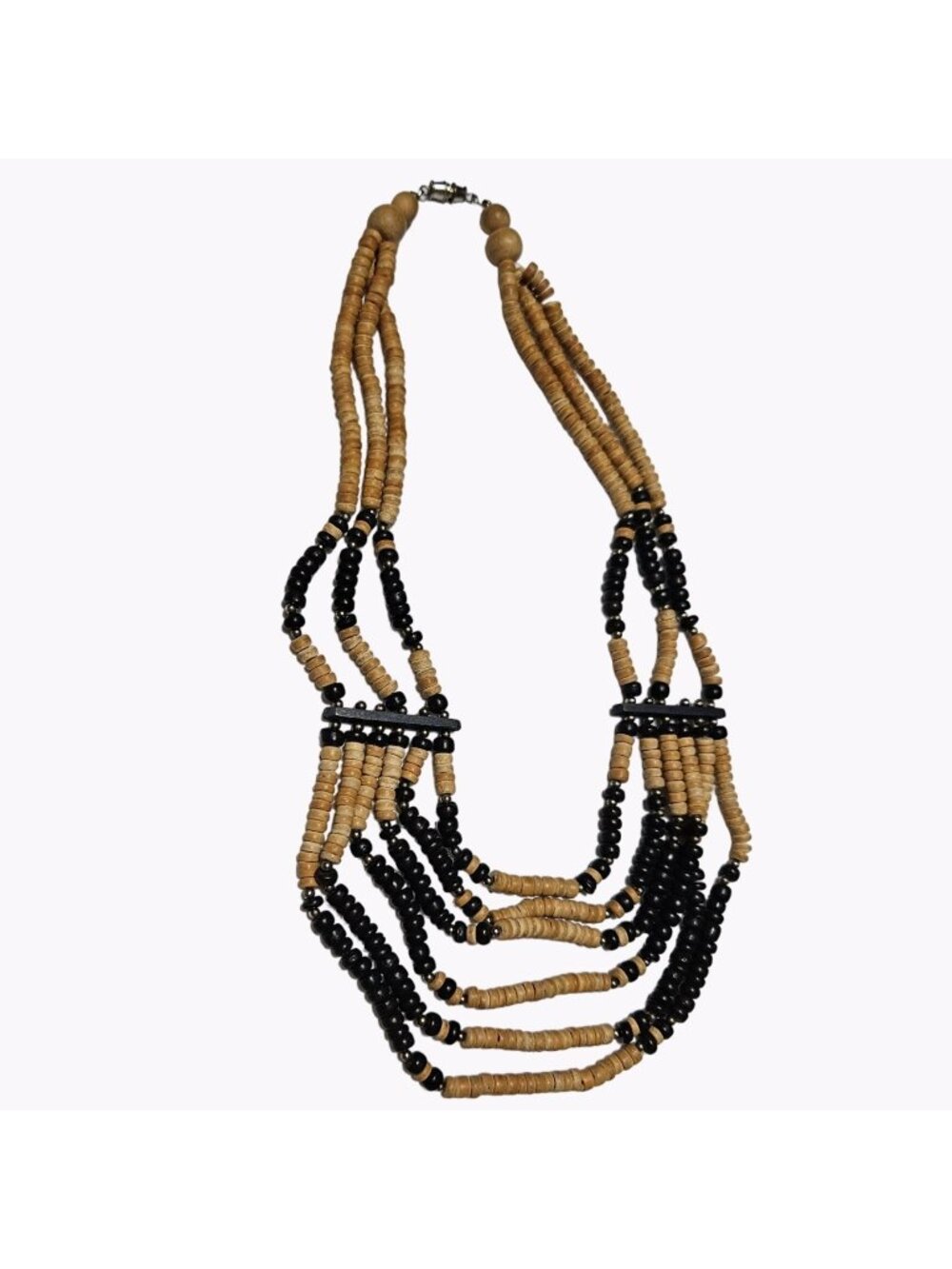 Tribal Beaded Statement Necklace Multi Strand Wooden Black Beads Boho Jewelry